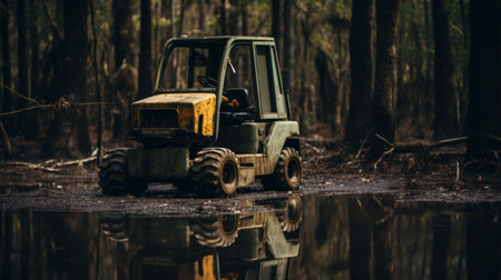 a large wooden vehicle is seen driving on the water in a swamp, showcasing a dark and gritty subject matter. the vehicle resembles an auto body works creation, with its dark yellow and emerald color scheme. the industrial machinery aesthetics are evident, giving it a unique and rugged appearance. the photo was captured using a konica big mini camera, reflecting the mirror-like quality of theの素材