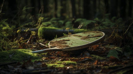 a rake covered in moss lies in a forest, capturing the essence of grunge skateboarding. the image, taken with a sony fe 85mm f/1.4 gm lens, showcases the artistic style of salomon van ruysdael. symbolic props, restored and repurposed, add depth to the composition. the post-processing techniques and rim light enhance the overall visual impact. ai generatedの素材