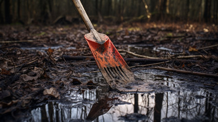 a dirt shovel in the field or forest in europe, captured in the style of dripping paint, showcases dark reflections. this image represents environmental activism with its shallow depth of field, vibrant orange and crimson tones. the evocative environmental portrait captures the spatial essence of the surroundings. ai generatedの素材