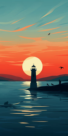 a photo of an ocean scene with a lighthouse and birds, featuring a dark aquamarine and orange color scheme. the image showcases traditional landscapes with light crimson and light black accents. the flat perspectives and retro filters create a luminous landscape painting effect, emphasizing the play of light and shadows. ai generatedの素材