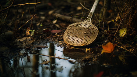 a small hook rests in a body of water, showcasing urban culture exploration. this captivating photo captures the essence of beatrix potter's style, with a touch of george clausen's influence. shot with a tokina at-x 11-16mm f/2.8 pro dx ii lens, the image features rusty debris in a grid-based composition, evoking a forestpunk aesthetic. ai generatedの素材