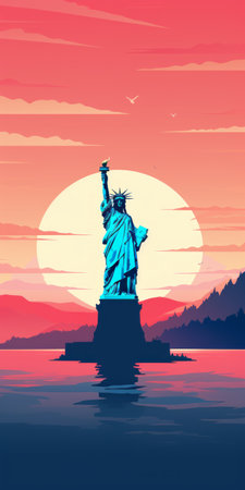 statue of liberty silhouette in a boat, showcased in a pastel-colored landscape. the bold poster-style design emphasizes character and features dark pink and turquoise hues. the dark orange and dark cyan elements add depth to the sublime landscape-focused composition. ai generatedの素材