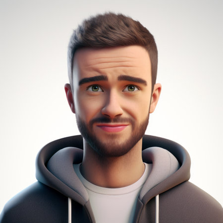 a digital portrait of a 4th wall breaking movie character, inspired by natalia rak's style. this handsome and photorealistic artwork by alex russell flint captures the character's emotive facial expressions. with a touch of humor and a hint of caricature, this isometric portrait brings the character to life in a unique and engaging way. ai generatedの素材