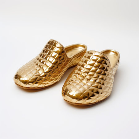 gold plated metallic slippers, inspired by the artistic styles of tatsuo miyajima, aleksandr deyneka, and sarah lucas. these unique slippers feature embossed paper and glazed surfaces, creating a visually striking design. captured using adox silvermax film, the photograph showcases a solarization effect, adding an intriguing touch to the overall composition. ai generatedの素材