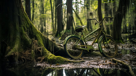a bike is captured amidst the enchanting cypress swamps, adorned with moss and intricate roots. this photograph, inspired by the dusseldorf school of photography, exudes a timeless nostalgia. shot with a zeiss batis 18mm f2.8 lens, it showcases a forestpunk aesthetic with an earth tone color palette. the quirky visual storytelling adds an intriguing element to the lush green surroundings. ai generatedの素材