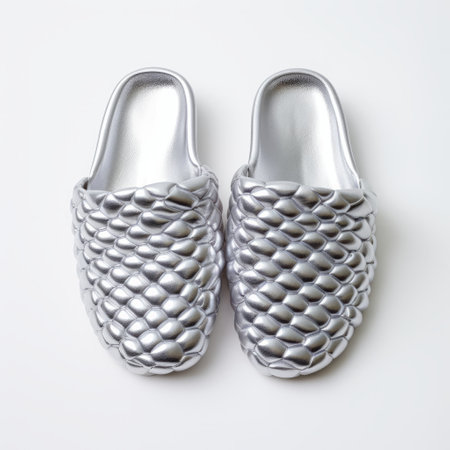 a pair of grey slippers made with silver fishbone material, inspired by the styles of stuart haygarth, rinko kawauchi, and tsubasa nakai. these slippers feature metallic surfaces and a 3d design, with a limited color range. perfect for adding a touch of contemporary elegance to your footwear collection. ai generatedの素材