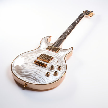 the first wylde guitar showcases a stunning white body and a meticulously carved maple neck. its design draws inspiration from a white background, kodak gold 200 film, and the photorealistic artistry of steve henderson. the guitar's aesthetic is further enhanced by shimmering metallics, reminiscent of the works of frieke janssens and roxy paine. ai generatedの素材