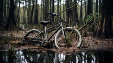 a muddy flooded path in the style of woodland goth, captured with the zeiss batis 18mm f2.8 lens by ryan ottley. this photo showcases texture exploration and an adventure-themed atmosphere, reminiscent of forestpunk in the southern countryside. ai generatedの素材