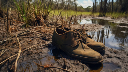 a pair of brown leather boots, in the style of zeiss batis 18mm f2.8, are seen sitting in the mud. these southern gothic-inspired boots blend seamlessly with nature-inspired camouflage. the photo captures the essence of australian landscapes, reminiscent of the works of simon stalenhag and joseph beuys. shot with fujifilm acros, this image showcases the rugged beauty of the boots in their natural surroundings. aiの素材