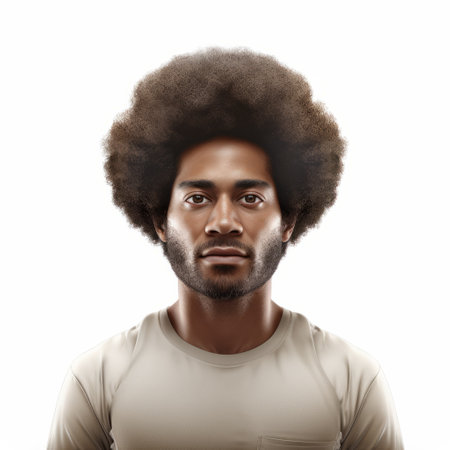 a photorealistic illustration of a black man with an afro, showcasing the art of the ivory coast. this national geographic-style portrait captures the subject's features with remarkable accuracy, enhanced by minimal retouching. the use of cross processing adds a unique touch to the black and white composition, creating a visually captivating piece of art. ai generatedの素材