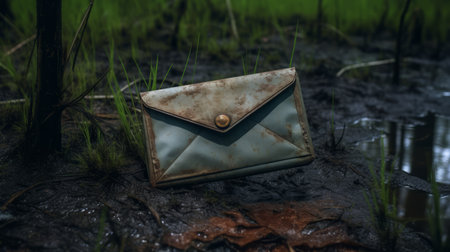 an old envelope, weathered and worn, lies abandoned in the muddy ground. this captivating photo, reminiscent of a daz3d creation, captures an apocalyptic atmosphere. with an enamel-like quality, it could easily grace the pages of national geographic. the forestpunk aesthetic adds a unique touch, while the image is packed with hidden details waiting to be discovered. soft and romantic scenes unfold within this intriguing composition.の素材