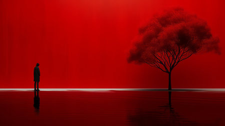 a lone tree stands in the red sun, creating a striking monochromatic abstraction. this darkly romantic illustration showcases a uhd image with hyper-realistic water and vibrant stage backdrops. the silver and red color gradients add depth and intensity to the scene. ai generatedの素材