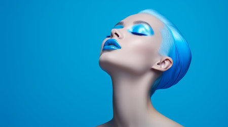 a stunning concept image captures a beautiful face adorned with vibrant blue face makeup. inspired by postmodern photography, the image showcases a sky-blue colorscape with dramatic shadows. the uhd image features a sleek metallic finish, enhancing the monochromatic realism. ai generatedの素材