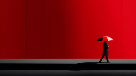 a person holding a minimalist-style umbrella stands amidst bold and graphic street art in shades of red and crimson. the panoramic scale of the image captures the passage-like setting. the photo, taken with a rodenstock imagon 300mm f58 lens, has been digitally enhanced to enhance its visual impact. ai generatedの素材