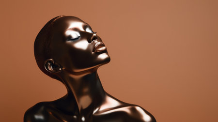 3d model portrait of a black woman, depicted in a liquid metal style, is showcased in this 3d illustration. the beige background enhances the realistic still life effect, while dramatic lighting adds depth and intensity. the bronze figurines and organically inspired body art contribute to the overall aesthetic. with a shallow depth of field, bold palette, and solarizing master technique, this portrait exudes a captivatingの素材