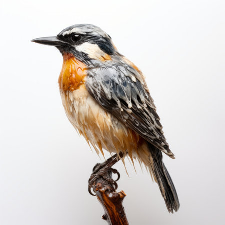 a bird perched on a broken tree branch, showcasing a poured paint technique. the hyper-realistic water in shades of light orange and dark gray adds depth to the portrait. this artwork captures the essence of characterful animal portraits, with wet-on-wet blending and influences from the angura kei style. ai generatedの素材