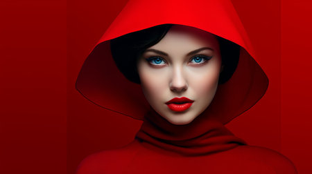 a woman in a red costume with striking blue eyes is captured in this photorealistic composition. the monochromatic palette adds a timeless beauty to the image, while the volumetric lighting enhances the overall effect. the colorized, vibrant portrait showcases bold chromaticity, creating a visually captivating scene. ai generatedの素材