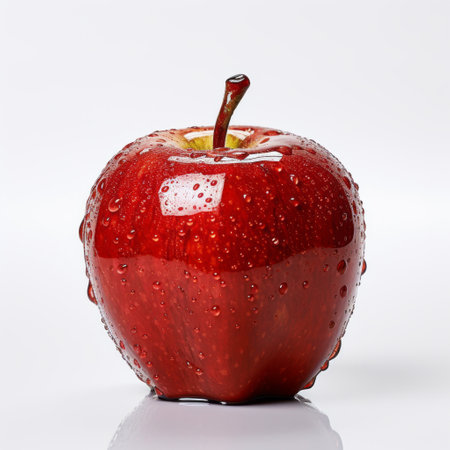 a red apple, reflecting in a mirror, showcases the artistic style of wet-on-wet blending and high-key lighting. inspired by martin creed, the composition features a harmonious combination of light silver and red hues. the influence of patricia piccinini, smilecore, and alex ross can be seen in the playful yet thought-provoking nature of the image. ai generatedの素材