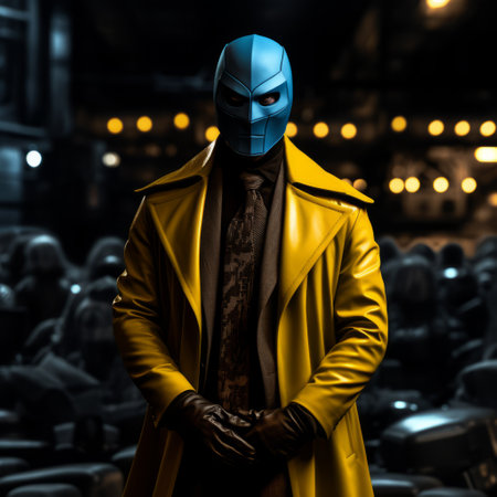 the dark knight comics image showcases a captivating blend of tv series, animation, tv movies, and movies. with a striking color palette of light sky-blue and dark yellow, this photo by gabriel isak is rendered in cinema4d. it features ritualistic masks, captured using a nikon d850, and includes elements like cobra and sergey musin. ai generatedの素材
