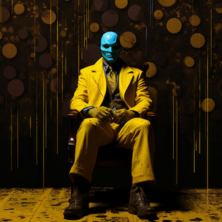 an all-over yellow and blue mask sits on a chair, reminiscent of sci-fi noir aesthetics. the mask, with its luminous cyan and azure colors, evokes the atmosphere of cinematic stills. this digitally enhanced piece showcases the fusion of celebrity portraits with a touch of personality, creating a molecular-like visual experience. ai generatedの素材