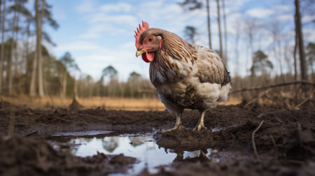 a chicken stands in the mud in a field, captured with a large format lens. this high-resolution, uhd image showcases the influence of artists like jessie arms botke, gabriel metsu, and cfa voysey. the wide-angle lens adds depth and perspective to the scene, while the hispanicore style adds a touch of cultural flair. ai generatedの素材