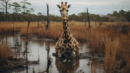 a giraffe, captured in the style of sacha goldberger, stands gracefully near a swampy body of water. this stunning photograph, taken in 8k resolution, showcases the unique perspective of low-angle shots. inspired by jan van ravesteyn, the image offers an interactive experience, immersing viewers in the soggy surroundings. it is a contest-winning masterpiece that beautifully combines nature and artistry. ai generatedの素材