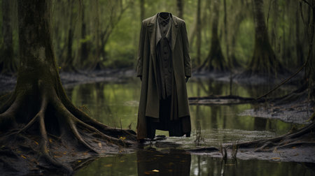 an old man, dressed in a trench coat, stands by a swamp in the style of southern gothic. the photo captures the essence of michael shainblum's artistic vision, with elements of eco-friendly craftsmanship. the dark green surroundings evoke a sense of mystery and intrigue, reminiscent of the works of joy hester and matthew barney. the image exudes a touch of nouveau realisme, creating a captivatingの素材