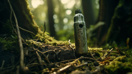 a silver glass bottle rests on the forest floor, evoking a post-apocalyptic atmosphere. this scoutcore-inspired image captures hidden meanings through portraitures. the high-definition (uhd) quality showcases the details of the bottle, which is made of rubber and reminiscent of marcel breuer's designs. shot with a konica big mini, this photo merges various elements to create a captivating visual narrative. ai generatedの素材