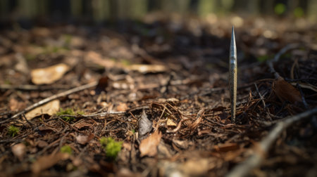 a small dark bronze and silver pin, with sharp and angular edges, is tucked in the ground amidst spiky mounds of grass. this uhd image showcases the exacting precision of the pin's design, while the letterboxing effect adds a touch of forestpunk aesthetic. ai generatedの素材