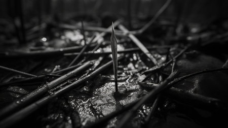 leaves in black and white photograph featuring rusty debris, spiky mounds, and contrasting lights and darks. captured in the style of carl zeiss distagon t 15mm f28 ze lens, the image showcases a raw vulnerability with its liquid metal-like appearance. this uhd image captures the intricate details of the leaves, merging nature and industrial elements seamlessly. ai generatedの素材