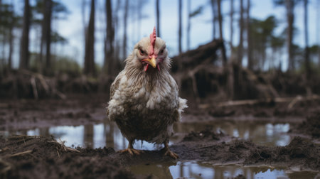 chicken in the mud near a big lake in the woods, captured in an evocative environmental portrait. this high-resolution 8k image showcases the tanbi kei style, with soft-focus and reductionist form. a glimpse into rural america, this photo captures the essence of petcore aesthetics. ai generatedの素材