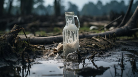 a white bottle of milk lies unattended and piled on the ground in a mud-filled area at greenfield dairy, a dairy factory in sierra leone. this uhd image, in the style of erik johansson, captures the raw vulnerability of the scene. the melting, oil portraitures add a unique touch to the photo, highlighting the fragility of the glass bottle. taken with provia, this image showcasesの素材