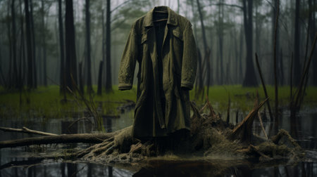 an old trench coat, in the style of photorealistic surrealism, hangs on the edge of the pond water. this captivating image captures elements of sovietwave, nicolas delort's artistry, and woodland goth aesthetics. made from olive cotton, the coat's textural and layered appearance adds depth to the overall composition. the photo also incorporates found footage, creating a unique and intriguing visual narrative. ai generatedの素材