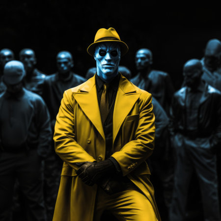 a man in a yellow suit and hat stands amidst a group of people, captured in the style of infrared filters. this photograph by mike deodato showcases a blend of dark azure and azure tones, reminiscent of scott adams' rap aesthetics. the composition, influenced by george stefanescu, follows a monochromatic scheme, creating a visually striking image. ai generatedの素材