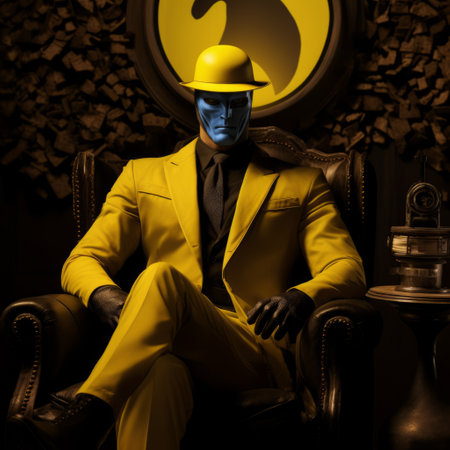 a man, dressed in yellow, sits in a dark blue chair, holding a red bat. this portrait captures the essence of glamorous hollywood style, with vray tracing enhancing the image. the composition is reminiscent of uniformly staged images, while the use of the sigma 85mm f1.4 dg hsm art lens adds a professional touch. the overall aesthetic has hints of mcdonaldpunk and maquette influences, creatingの素材