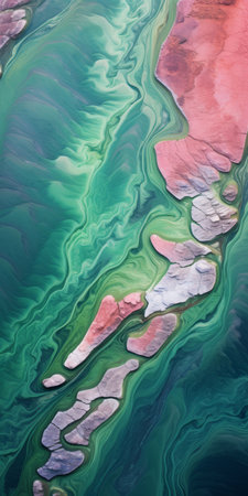 an aerial shot captures the mesmerizing beauty of colorful and swirling underwater landscapes. the image showcases realistic landscapes with soft, tonal colors, including shades of pink and emerald. the raw metallicity and eroded surfaces add a touch of uniqueness to the scene. the photograph evokes a sense of romanticized landscapes with fluid gestures and simplicity, enhanced by the monochromatic color palettes. ai generatedの素材