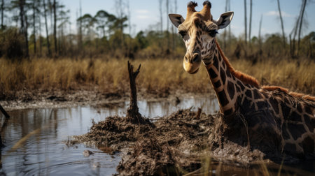 a giraffe stands in the middle of a water pool, captured by paul fredd in the style of decaying landscapes. this 32k uhd photo showcases patricia piccinini's art of the congo, with soggy surroundings and playful expressions. andrea kowch's influence is evident in this unique composition. ai generatedの素材
