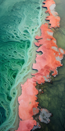 aerial abstraction of a colorful desert forming in front of water. the naturalistic ocean waves in shades of light pink and emerald blend with dark green and orange, creating fluid color combinations. this photograph captures the organic patterns and textures of the desert, resembling abstract photographs of surfaces. ai generatedの素材