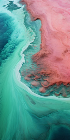 aerial view photograph showcasing an expressionistic depiction of the ocean and sea. the image features vibrant green and pink ridges with a rippling wave pattern, reminiscent of biomorphic abstraction. the detailed imagery, inspired by artists like scarlett hooft graafland and jack butler yeats, is captured in an earthy palette, creating a mesmerizing and marbleized effect. ai generatedの素材