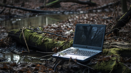 a laptop rests on a fallen tree in a forest, surrounded by lush greenery and moss. the scene, reminiscent of site-specific installations, is captured in sepia tone with a voigtlander bessa r2m camera. the photo evokes the essence of plein-air paintings and showcases intricate webs. taken with a nikon d750, it exudes a somber mood. ai generatedの素材
