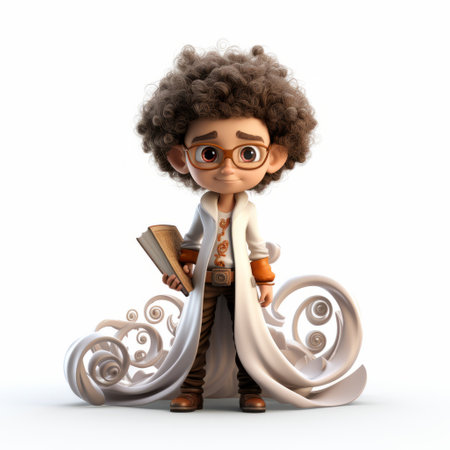 afrocut boy holding a book and looking at another boy in a steampunk-inspired 3d model. the design features a combination of white and beige colors, with dynamic energy flow and spirals. the overall aesthetic reflects a scientific approach and is reminiscent of george lucas' style. ai generatedの素材
