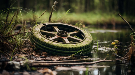 a tire submerged in muddy water, surrounded by roots, showcases the essence of nature in a creative storytelling style reminiscent of dieselpunk. captured with a voigtlander bessa r2m camera, the green hues and timeless nostalgia evoke a unique aesthetic known as duckcore. ai generatedの素材