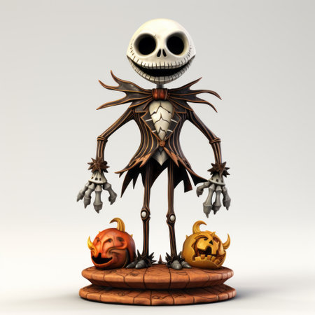 a skeleton figurine holding three pumpkins in its arms, showcasing a realistic and hyper-detailed rendering style reminiscent of tim burton's cartoony characters. this image captures the essence of artists like toyen and jack levine, with characterized animals and a slightly low resolution aesthetic. ai generatedの素材