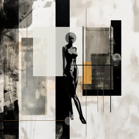 fashion woman painting by ed reeves on canvas, size 24x24 in. this oil on canvas artwork, created in 2014, showcases the artist's unique style of ink wash collages. inspired by de stijl, the piece features a captivating blend of dark gray and light gold tones. with elements of conceptual digital art and technological art, the composition incorporates columns and totems, resulting in a striking black-and-whiteの素材