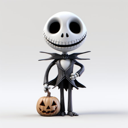 a 3d model of a jack skellington jack-o'-lantern standing, featuring charming character illustrations. the model has low resolution and dark proportions, resembling a toy-like figure. it is slender and designed by patrick mchale. ai generatedの素材