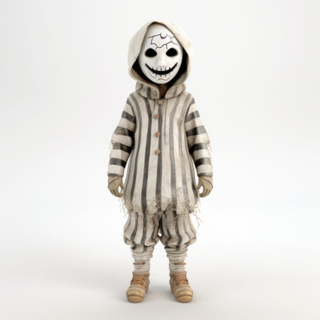 a 3d child in a black and white suit, wearing a black hat and shirt, is depicted in a horror-style photograph. the image showcases a striped, dark white and beige color scheme, with a primitivist and skeletal aesthetic. the artwork is highly textured, reminiscent of the distinctive style of tim burton. ai generatedの素材