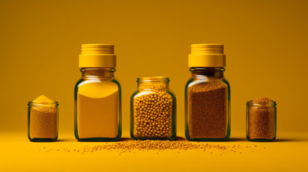 three glass jars of cinnamon, each with a unique design, are displayed on a vibrant yellow background. the bold chromaticity and dotted patterns add a touch of artistic flair to the image. the combination of yellow and gold hues creates a visually appealing contrast. this grocery art photograph by caras ionut showcases a pointillist style with tiny dots. ai generatedの素材