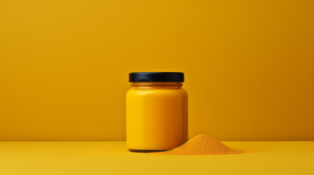 turmeric powder, bottle, and yellow background create a contemporary modernist-style photo. the composition, rendered in cinema4d, showcases color field aesthetics. this candy-coated, installation-based image embraces abstract minimalism, with a captivating rim light effect. ai generatedの素材