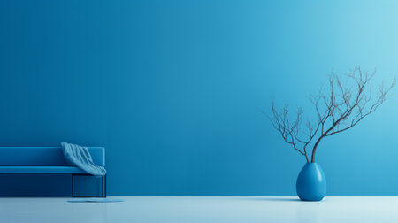 a minimalist still life in 8k resolution featuring a blue room adorned with plants and blue walls. the monochromatic simplicity of the scene creates a vibrant colorscape. this minimalistic and clean composition showcases a captivating blend of white and cyan, resulting in vibrant still lifes. ai generatedの素材