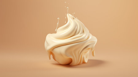 white ice cream with numerous ice cream drops cascading over a brown background. created in the distinctive style of zbrush, this sculpture showcases layered gestures and organic sculpting techniques. the color palette features light orange and light beige tones, giving the piece a sculpted, liquid light emulsion effect. this captivating artwork embodies the essence of kimoicore. ai generatedの素材